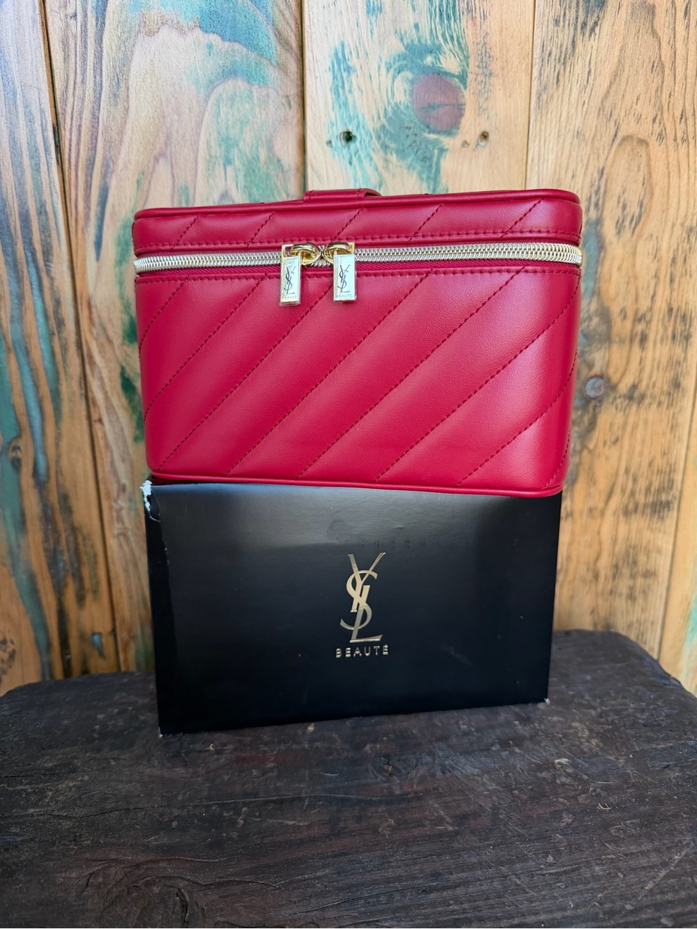 Yves Saint Laurent Red Quilted Leather Toiletry Case with Gold Hardware